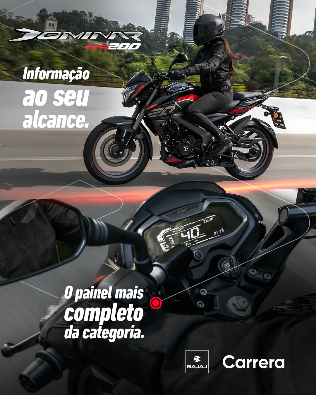 Post da Bajaj Dominar destacando informação ao alcance do piloto.