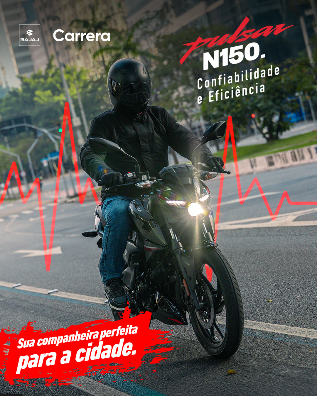 Post da Bajaj N160 com motociclista em via urbana e a chamada 