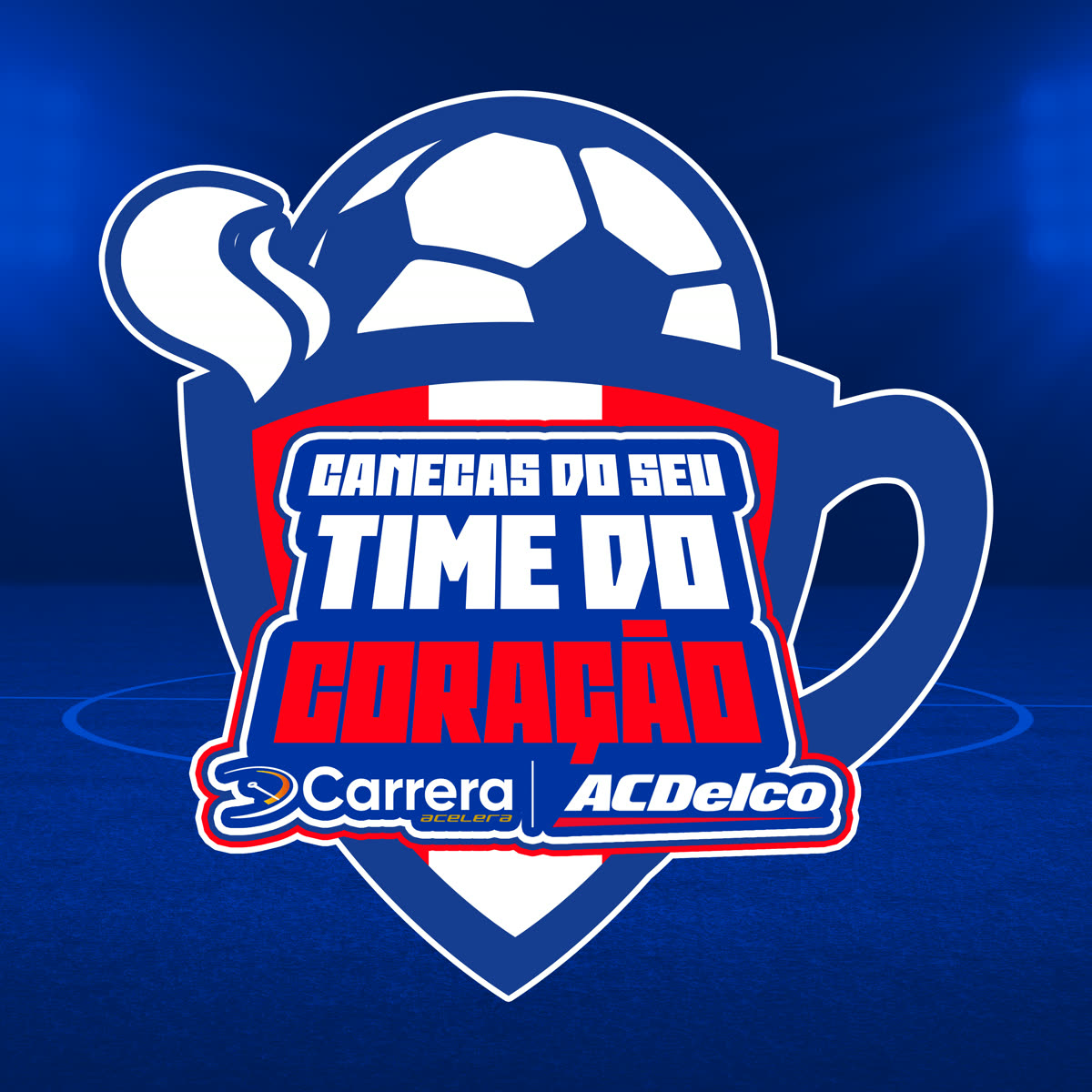 Logo da promoção "Canecas do seu Time do Coração", em forma de caneca com bola de futebol.
