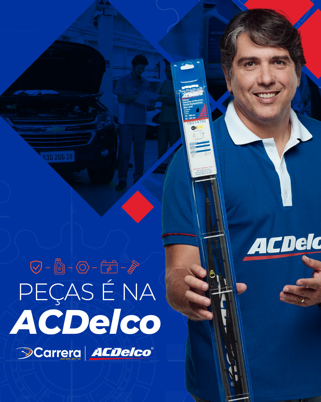 Peça "Peças é na AC Delco" com vendedor segurando palhetas e os ícones de categorias.