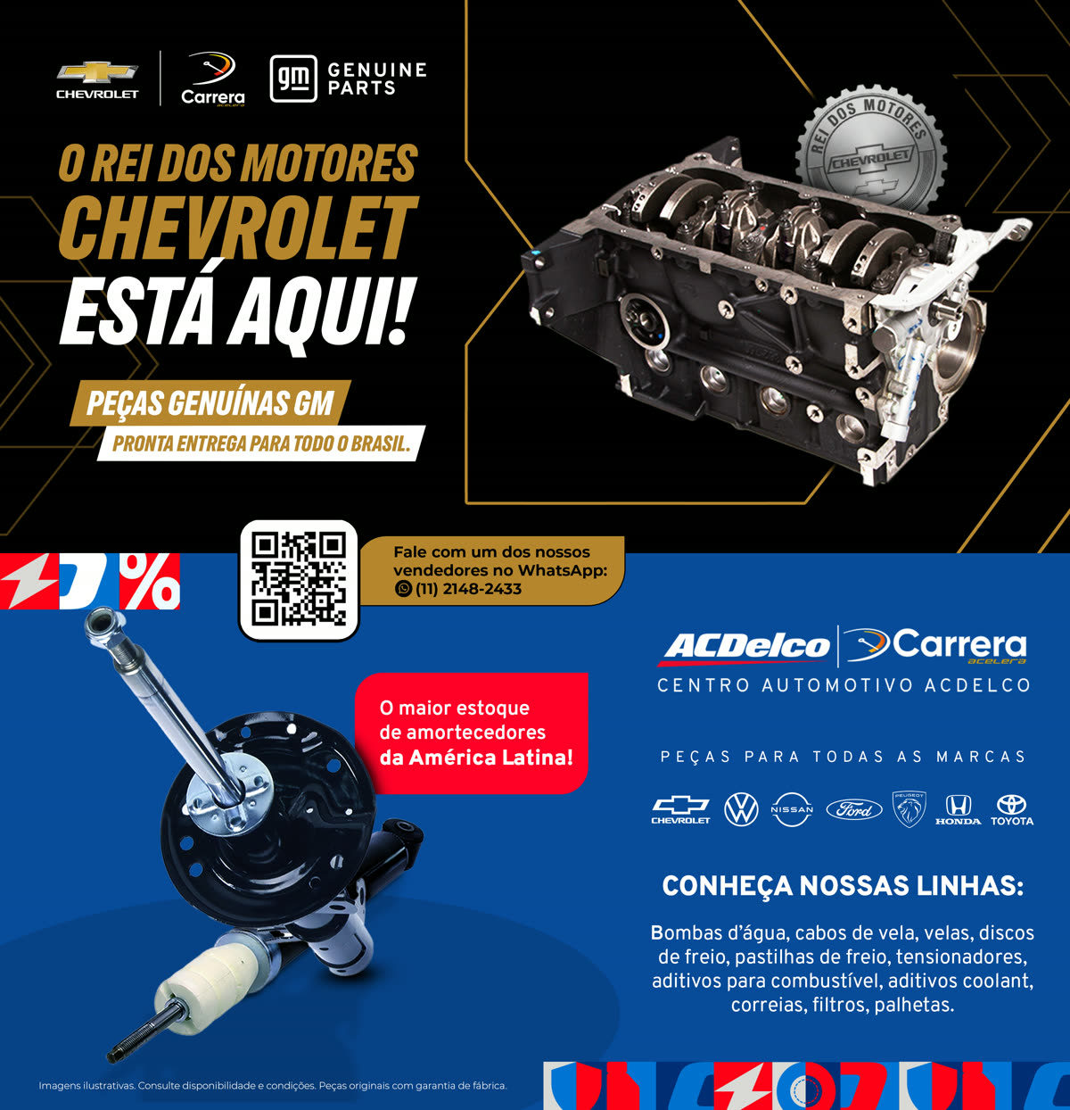 Peça de impressão de peças genuínas GM, com bloco de motor, QR code e as linhas atendidas.