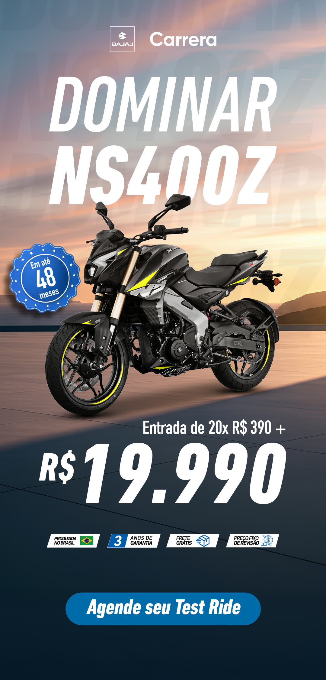 E-mail marketing da Dominar NS400Z em estrada ao pôr do sol, com condição de entrada e test ride.