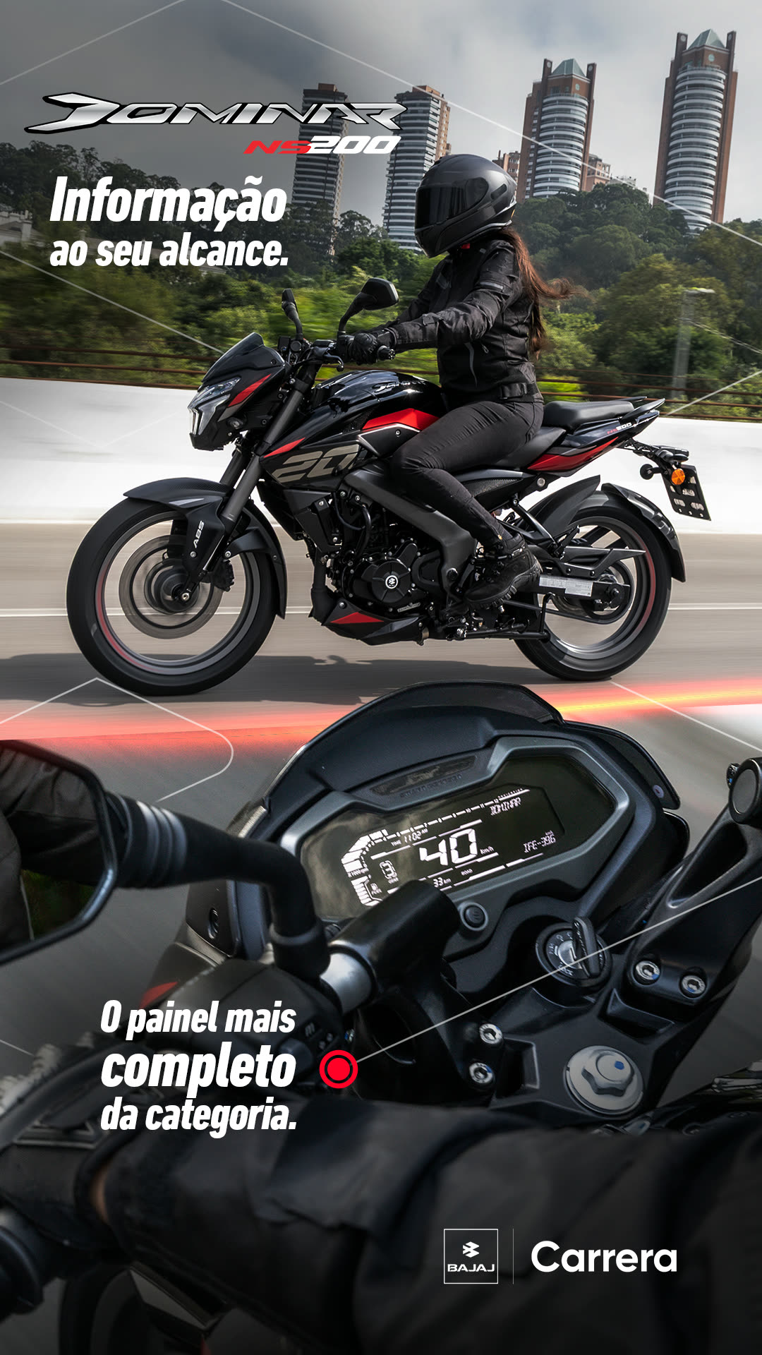 Story da Dominar NS200 na avenida e o detalhe do painel digital da moto.