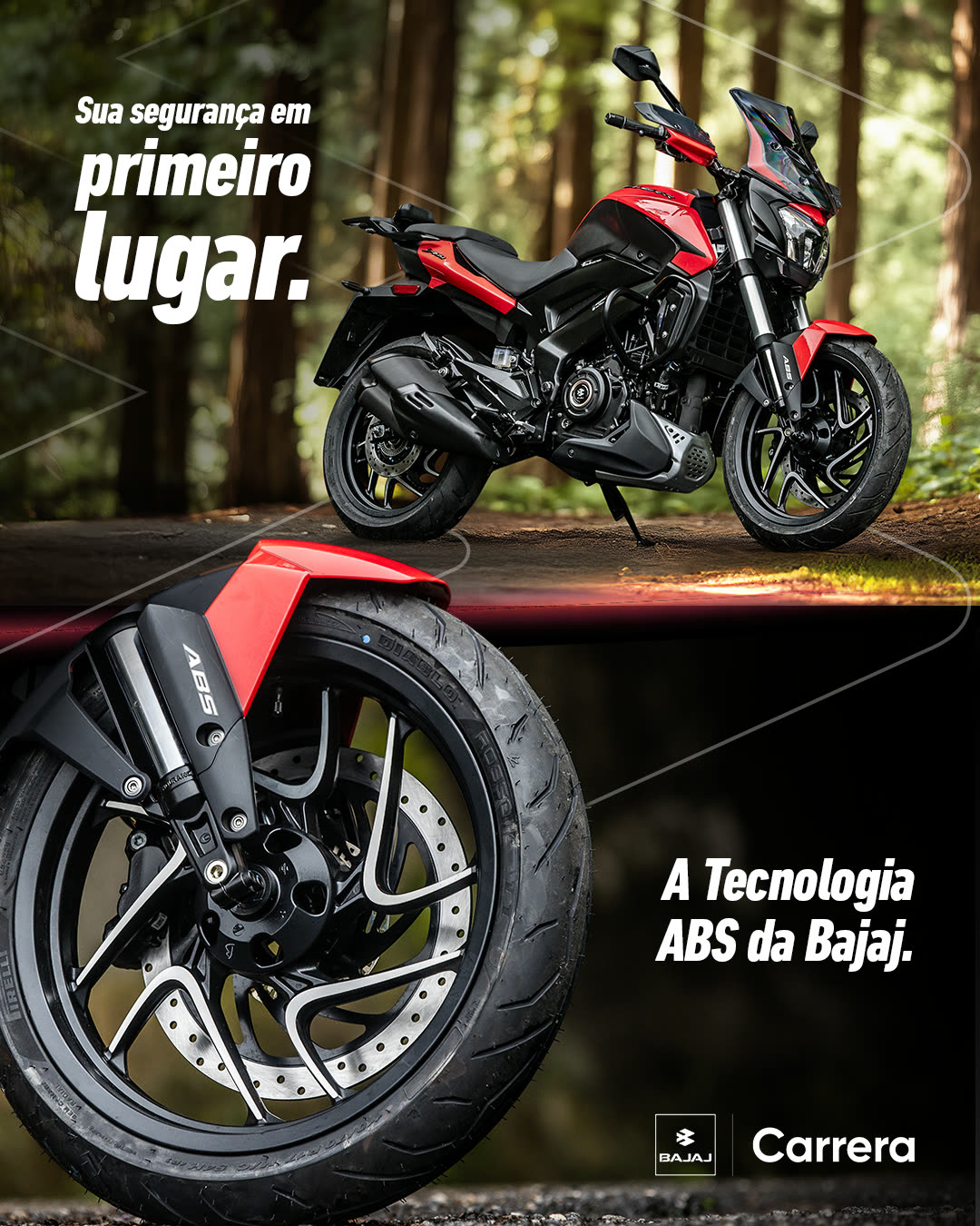 Feed sobre a tecnologia ABS da Bajaj, com a moto na mata e o detalhe da roda dianteira.