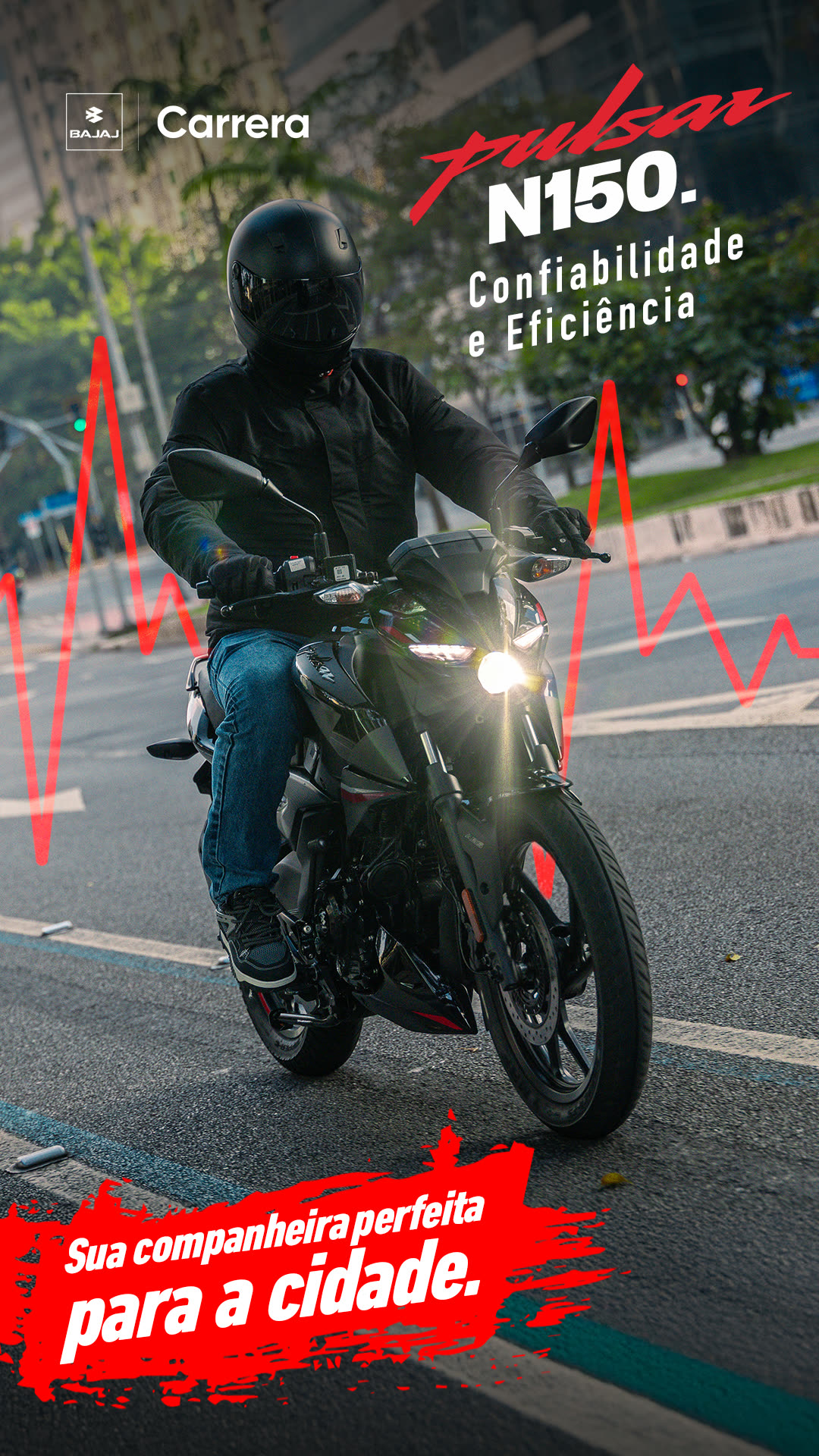 Story da Pulsar N150 rodando na cidade, com grafismo de batimento em vermelho.