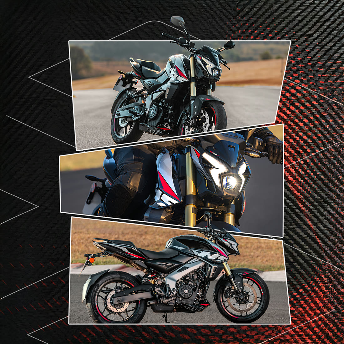 Três fotos de motos Bajaj Pulsar em faixas diagonais sobre fundo de fibra de carbono.