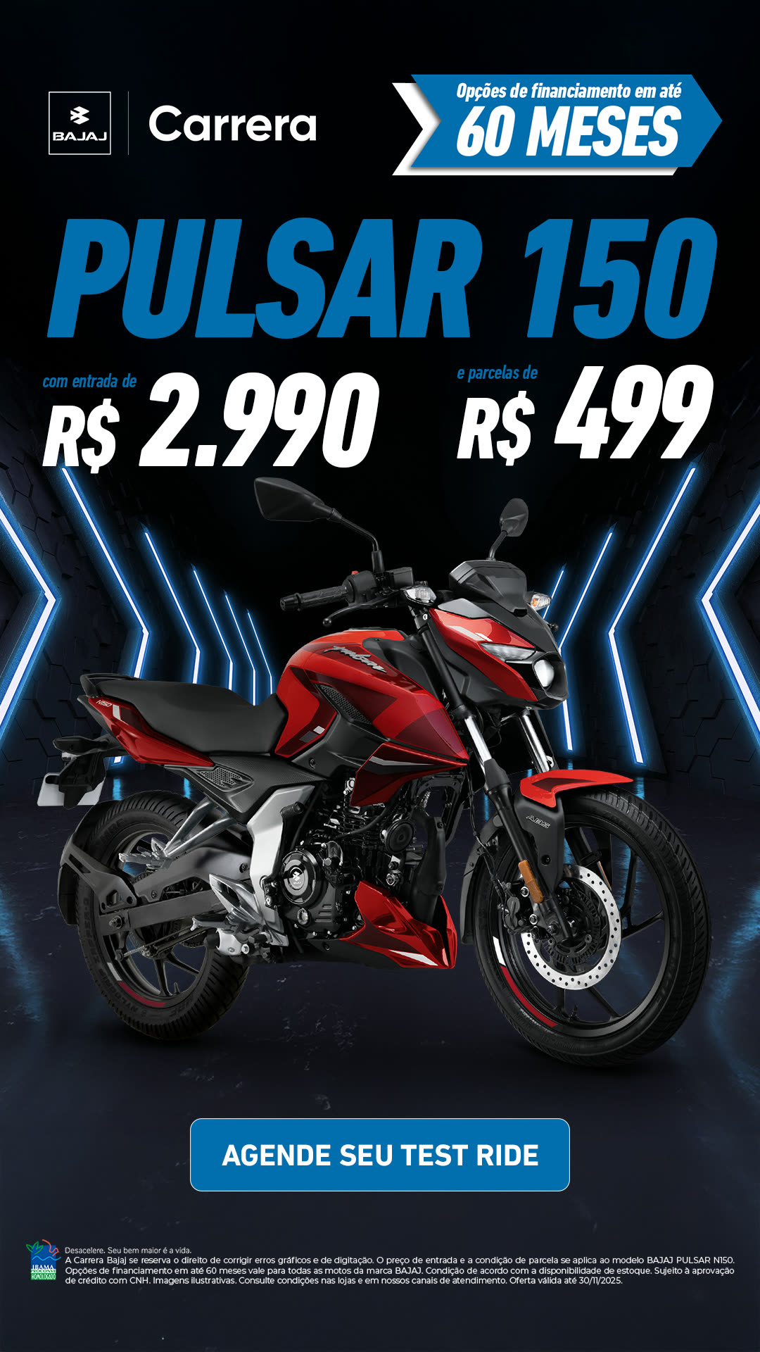 E-mail marketing da Bajaj Pulsar 150 pela Carrera, com preço e parcelamento em 60 meses.