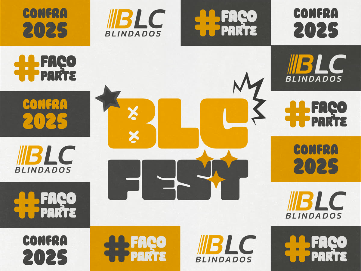 Arte do backdrop do BLC Fest, em grade de blocos amarelos, grafite e brancos.