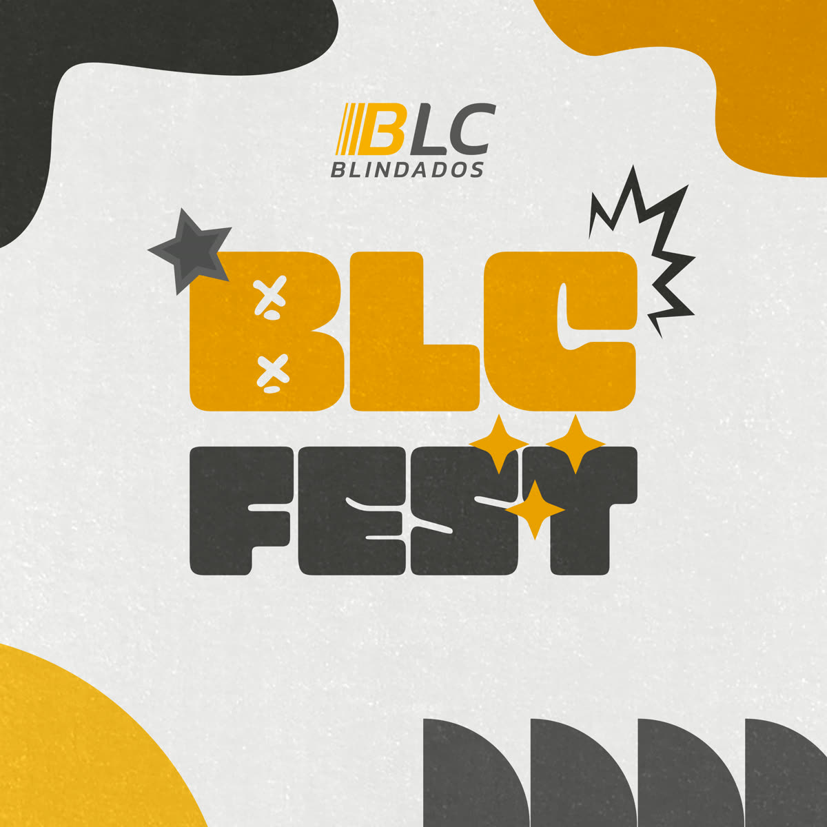 Logo do BLC Fest em amarelo e grafite sobre fundo claro com formas orgânicas.