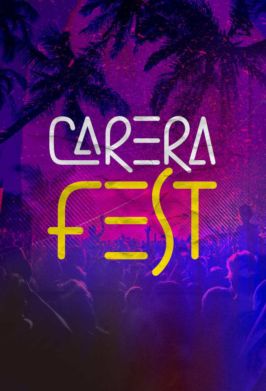 Logo do Carrera Fest em traço neon sobre foto de público e palmeiras em luz roxa.