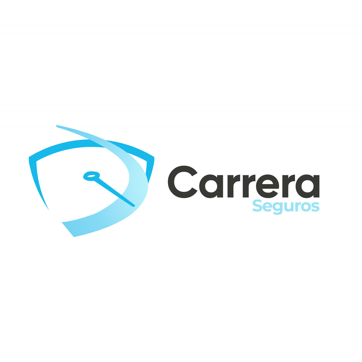 Logo da Carrera Seguros, com o velocímetro em azul dentro de um escudo.