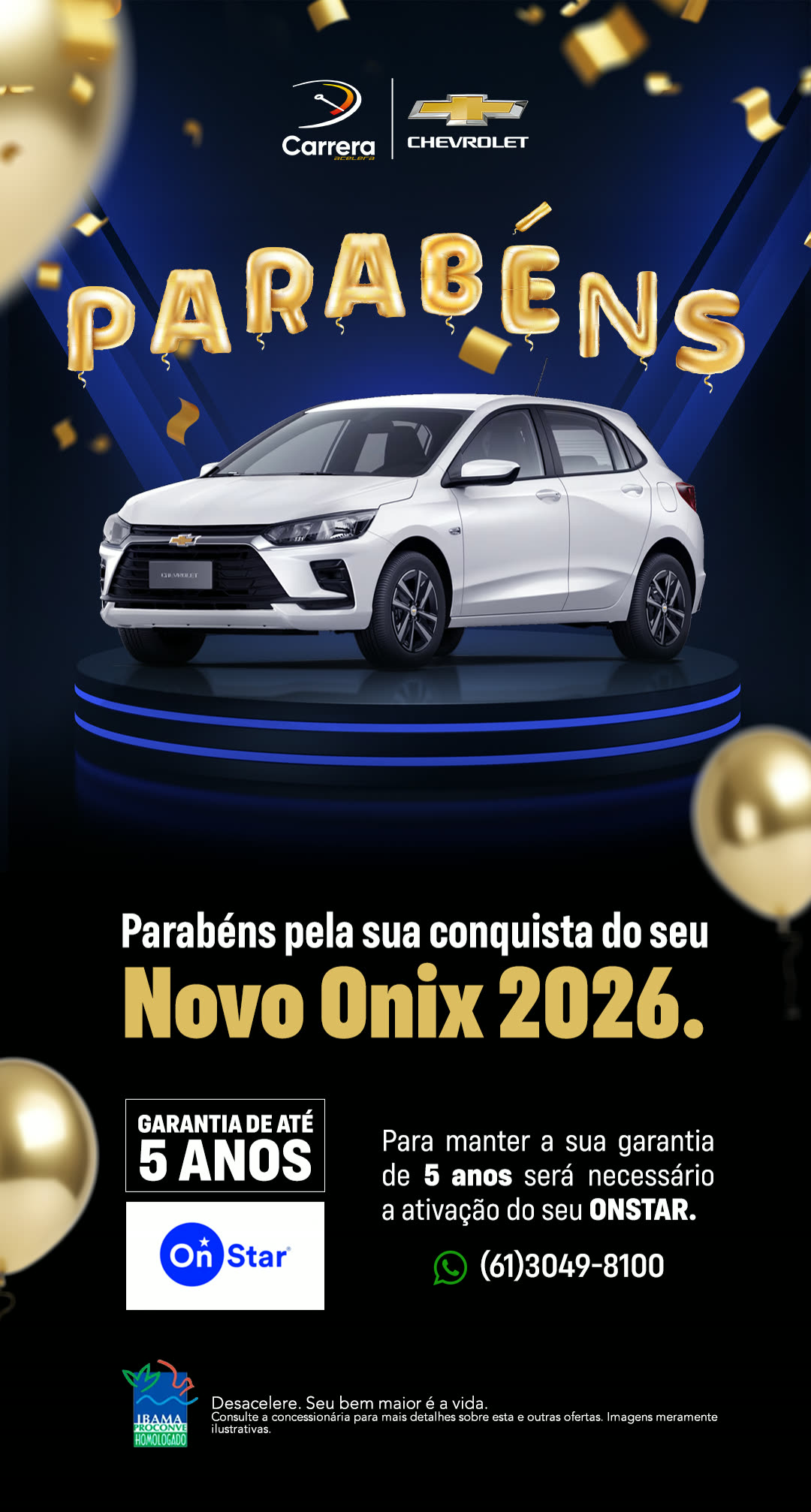 Peça de parabéns pela compra do Novo Onix 2026, com balões dourados e o carro sobre pódio.