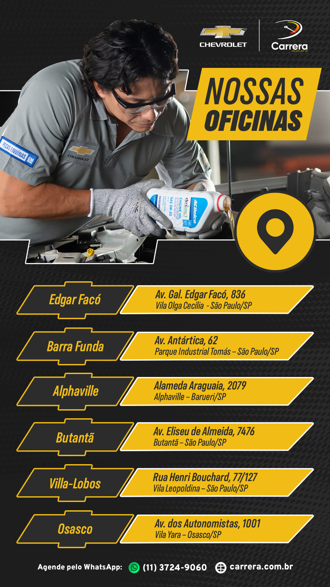 Story "Nossas oficinas" com mecânico Chevrolet e a lista de seis endereços de atendimento.