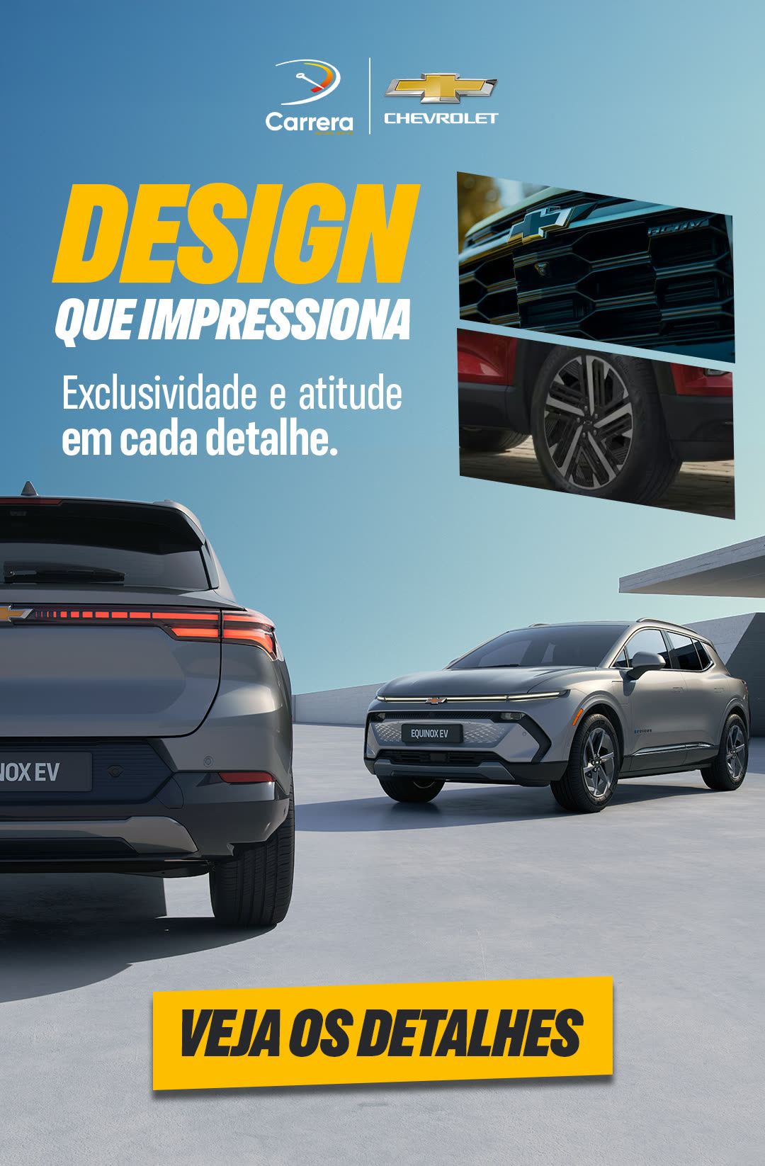 E-mail marketing da Chevrolet Equinox EV com o conceito "Design que impressiona" e dois ângulos do carro.