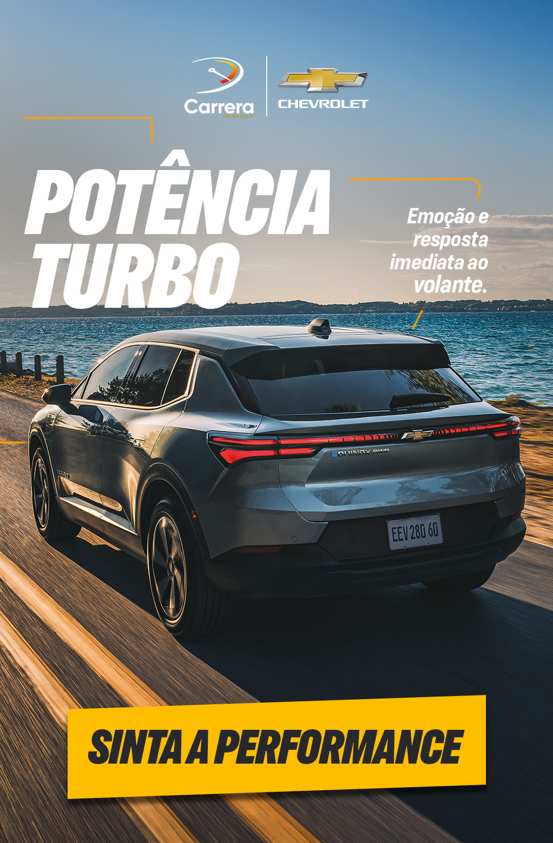 E-mail marketing da Equinox com o conceito "Potência turbo", o carro visto de trás em estrada à beira da água.