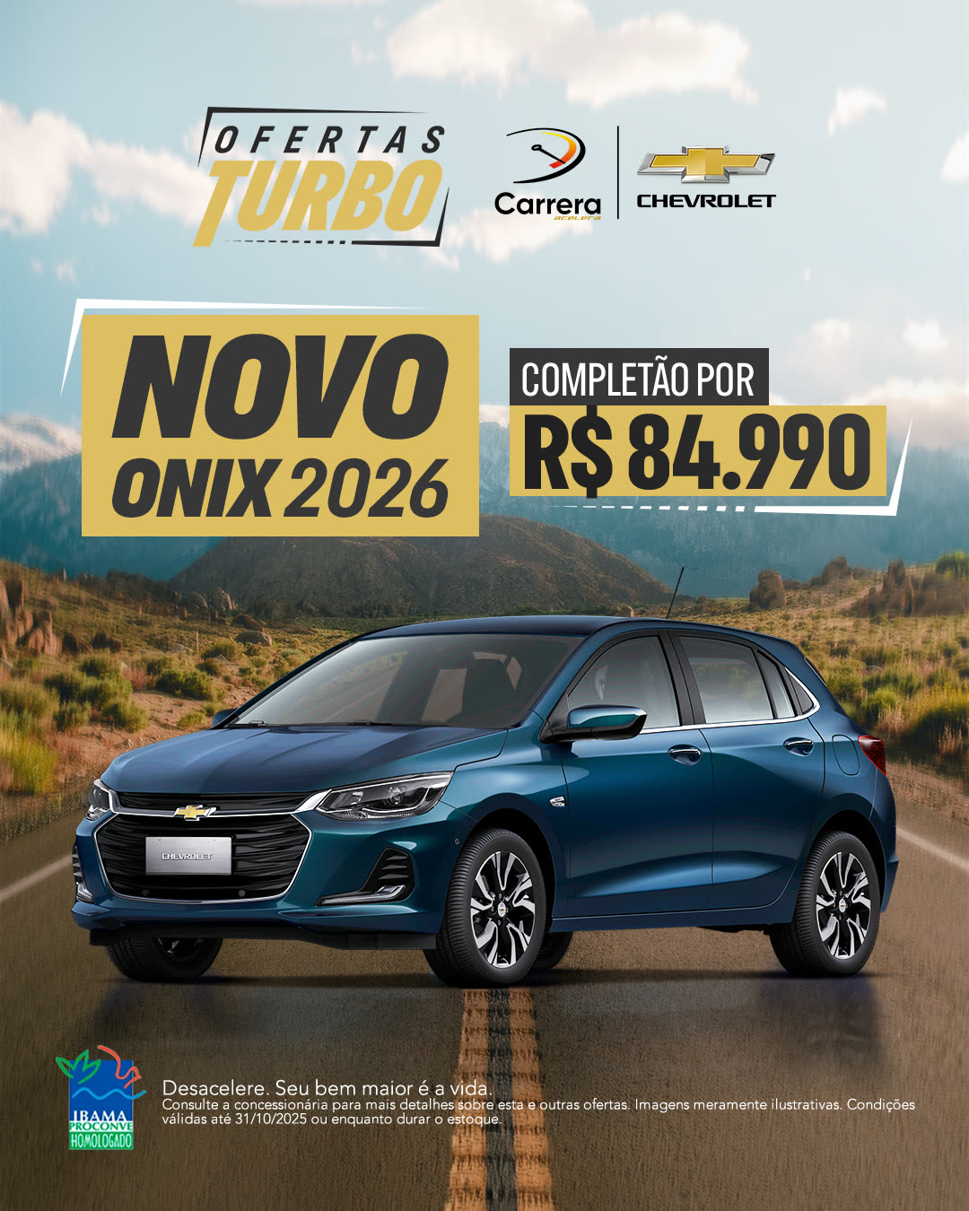 Segunda versão da oferta do Novo Onix 2026, com o carro em estrada de serra.