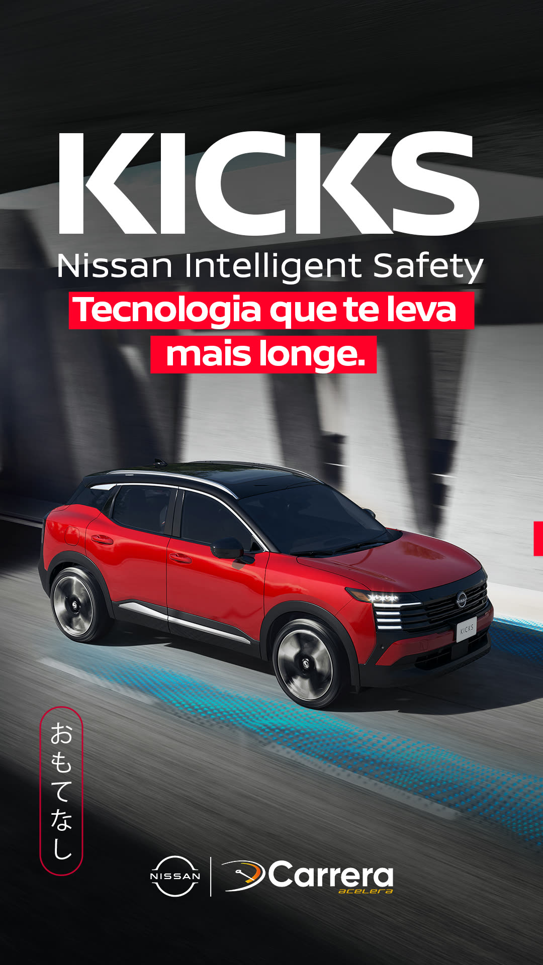Story do Kicks vermelho com grafismo de sensores e o mote do Nissan Intelligent Safety.