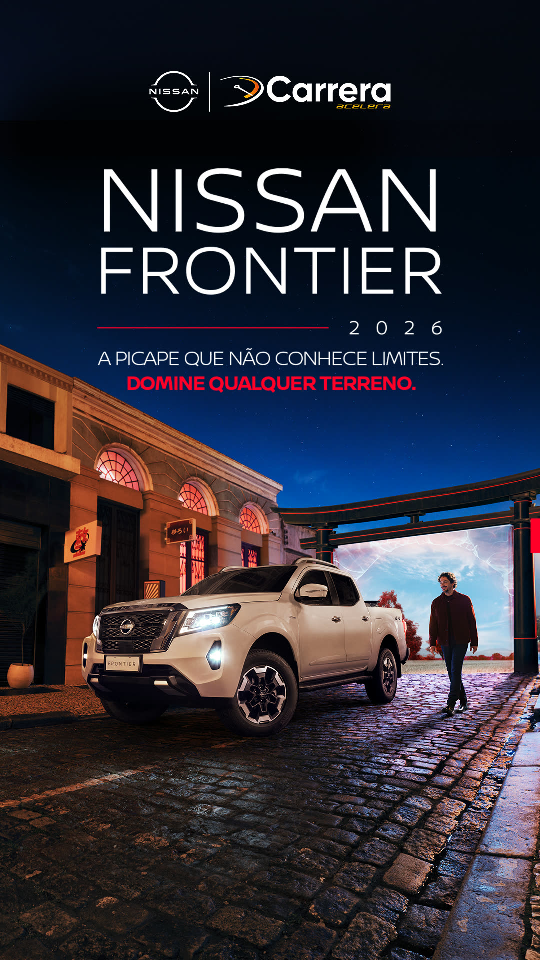 Story da Nissan Frontier 2026 em rua de paralelepípedo à noite, com a chamada de dominar qualquer terreno.