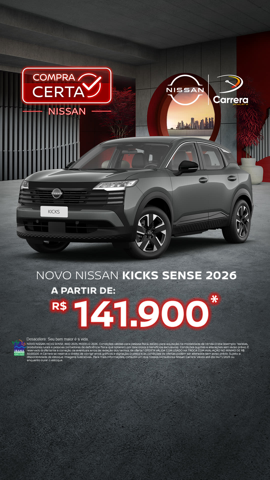 Peça Compra Certa Nissan com o novo Kicks Sense 2026 em cinza, dentro do showroom.