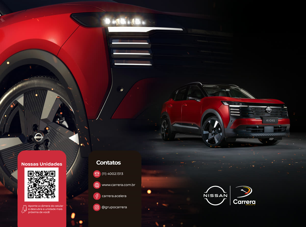 Pasta de proposta Nissan com a dianteira do Kicks em close, QR code de unidades e contatos.