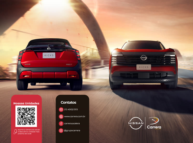 Pasta de proposta Nissan com dois carros vermelhos em estrada e QR code de contato.