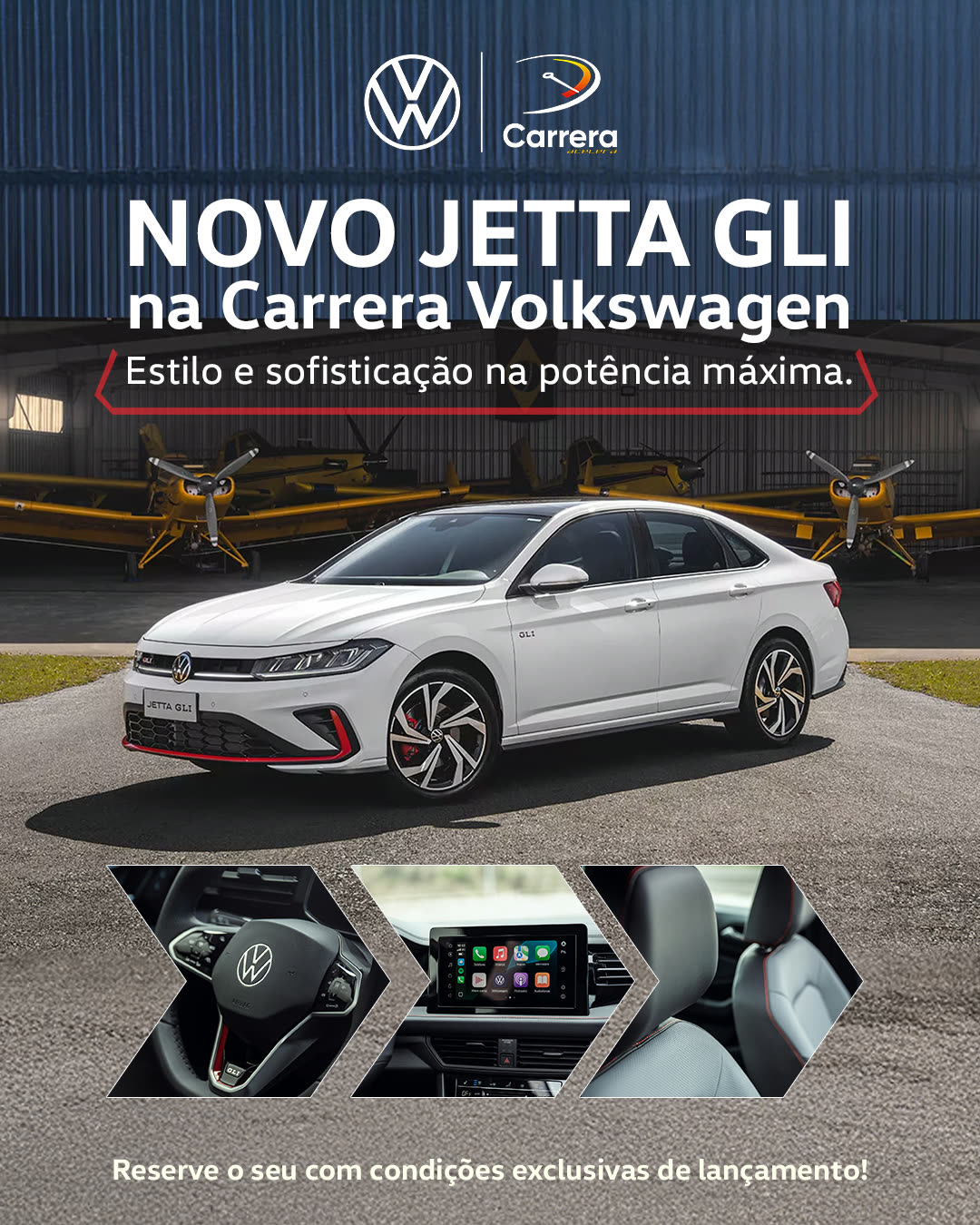 Feed do Novo Jetta GLI em hangar de aviões, com três detalhes do interior.