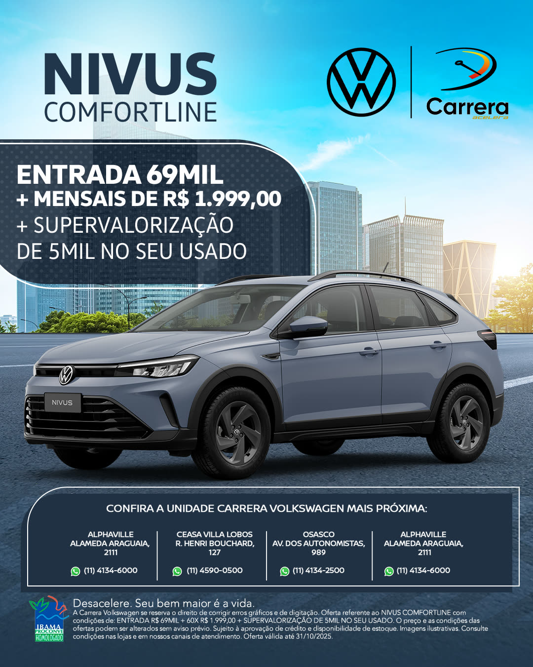 Oferta do Nivus Comfortline com entrada, mensais e a lista de unidades Carrera Volkswagen.