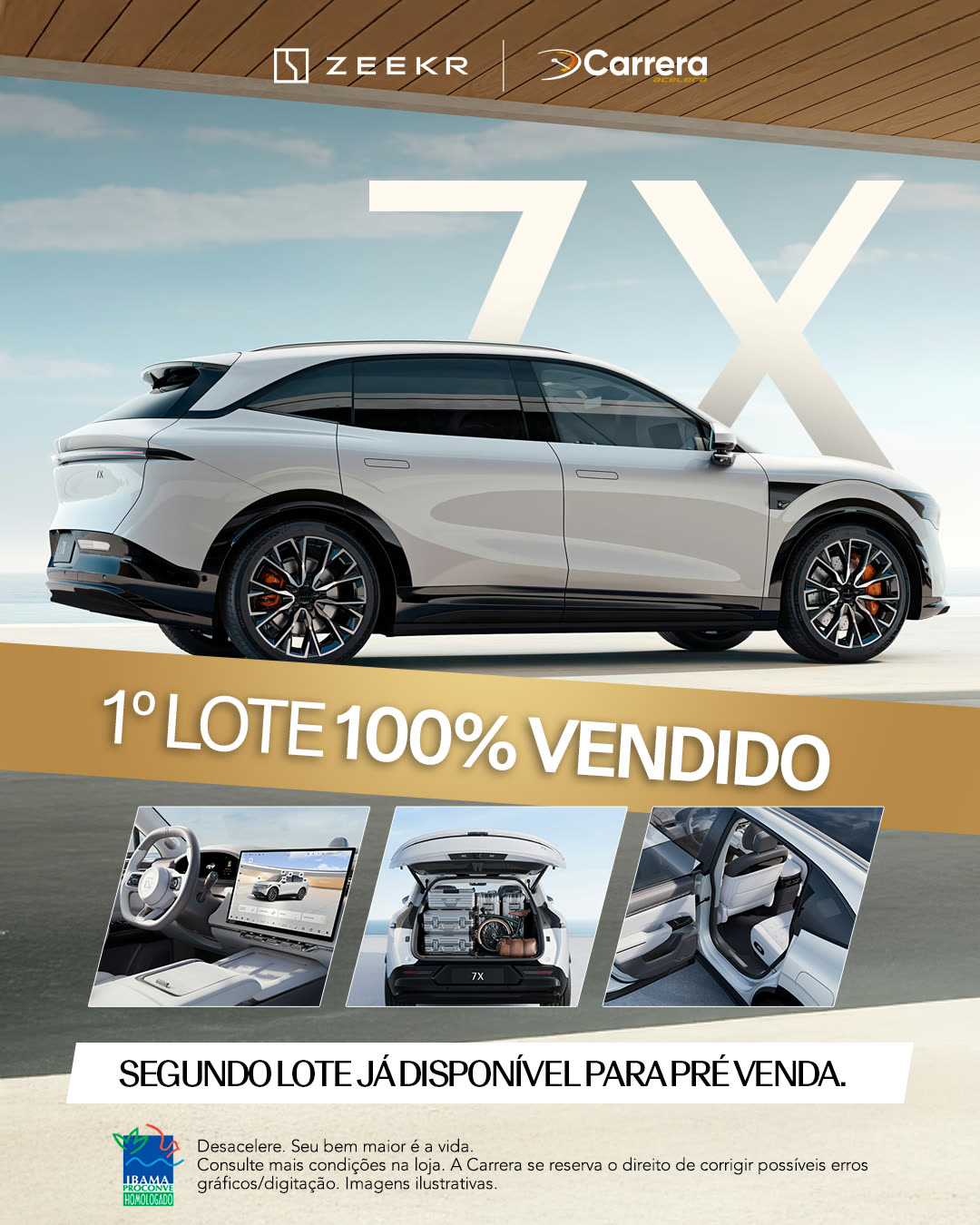 Feed do Zeekr 7X anunciando o primeiro lote vendido e a pré-venda do segundo.