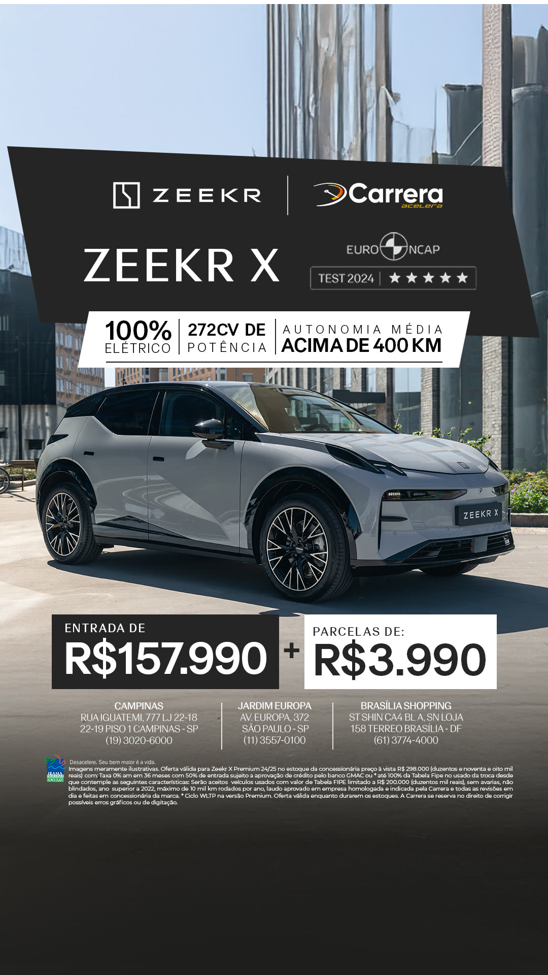 Story do Zeekr X elétrico, com autonomia, potência e as condições de entrada e parcelas.