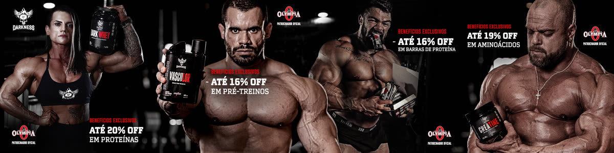 Carrossel de quatro peças de oferta por categoria: proteínas, pré-treino, barras e aminoácidos.