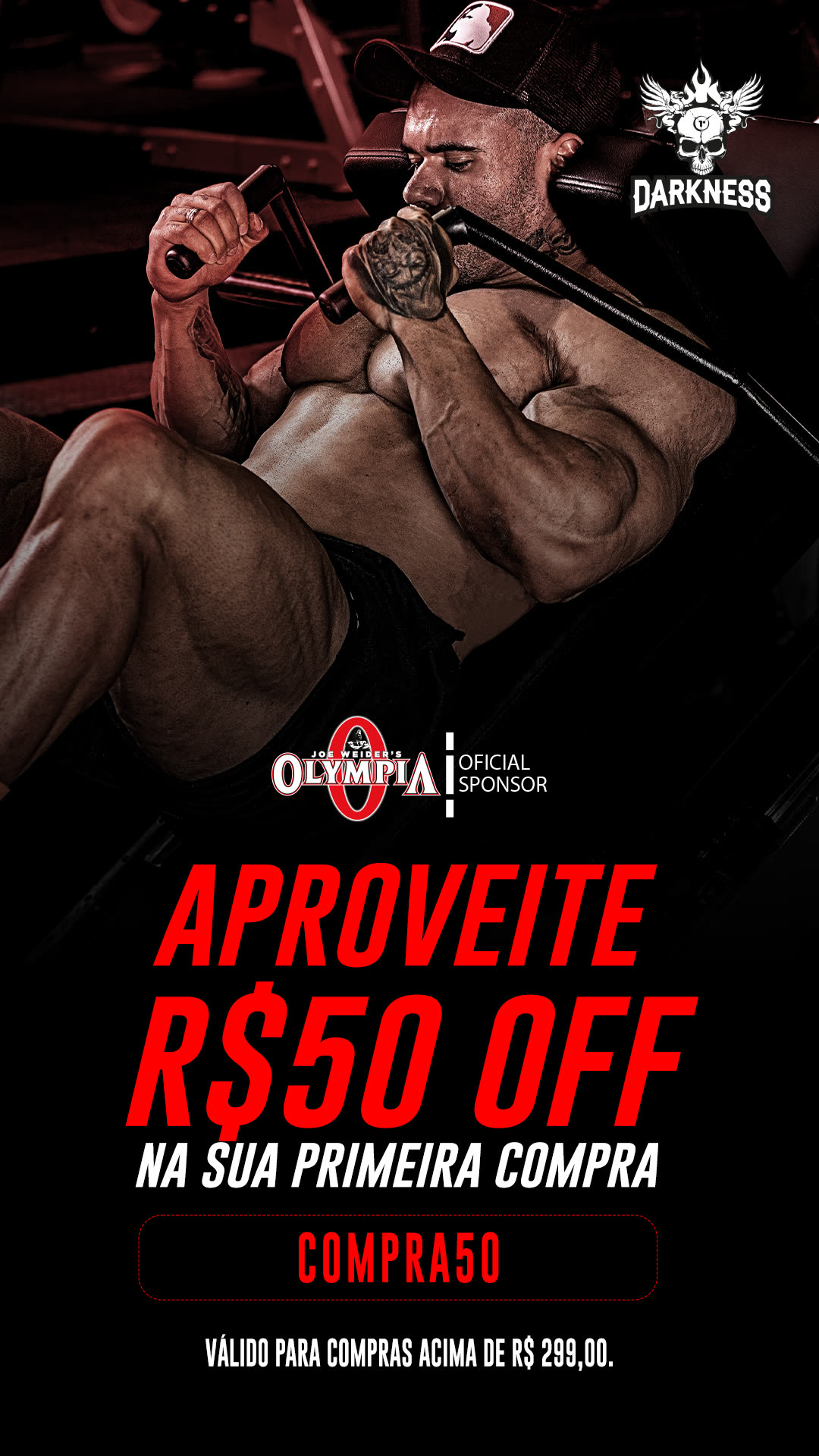 Story de cupom de 50 reais na primeira compra, com o selo de patrocinador oficial do Mr. Olympia.