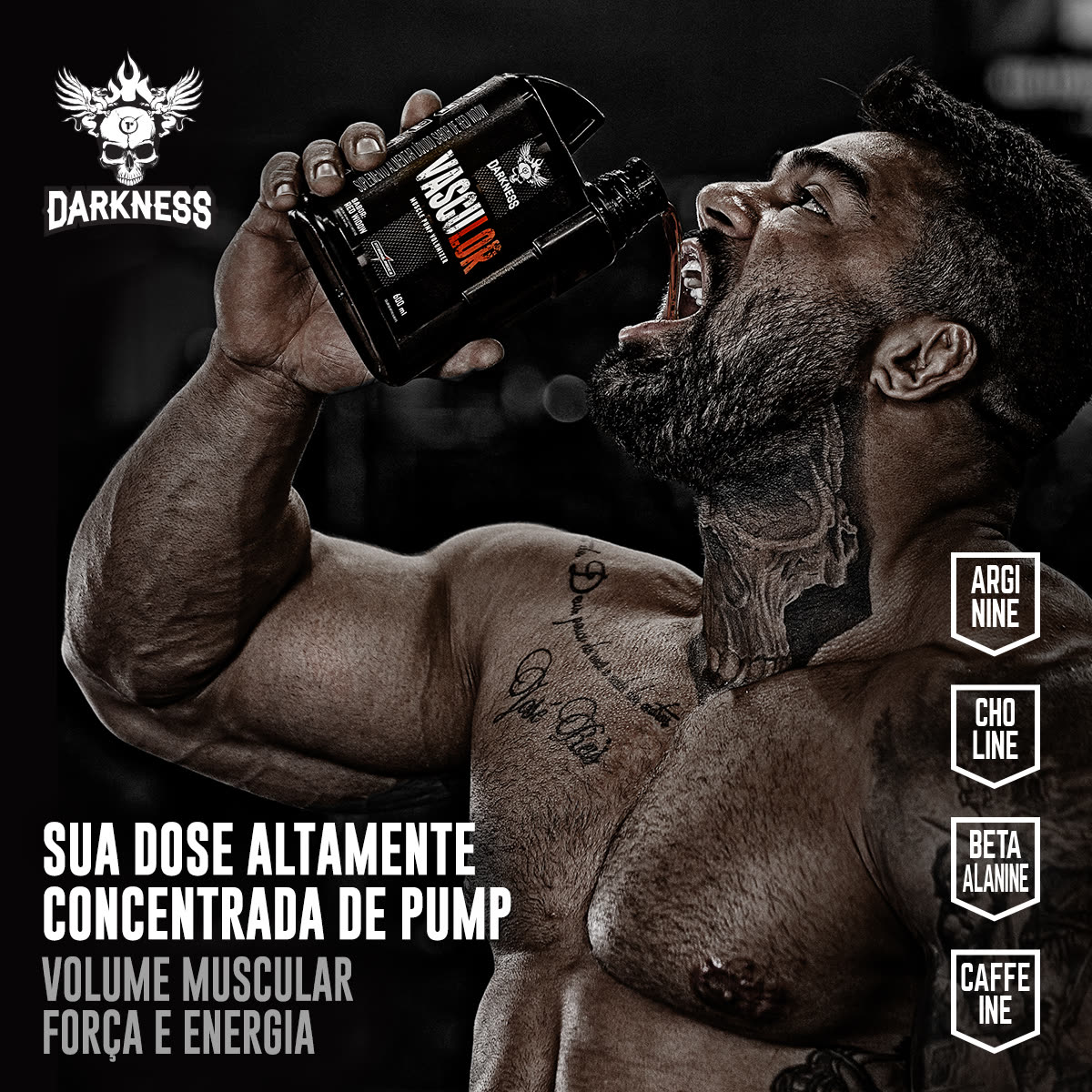 Peça do pré-treino Vasculor com atleta bebendo do pote e os selos dos ingredientes da fórmula.