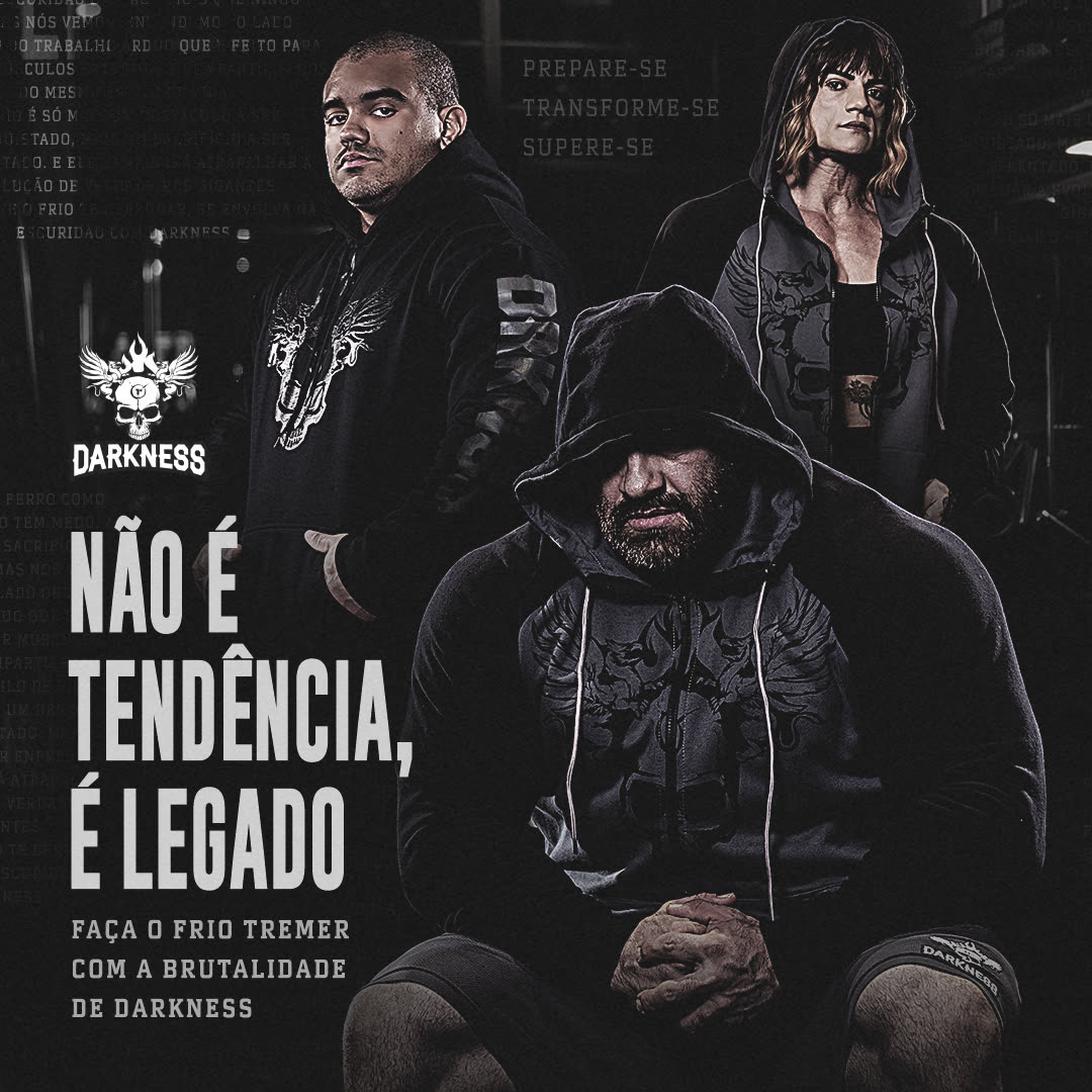 Post "Não é tendência, é legado" com três atletas de moletom preto em academia escura.