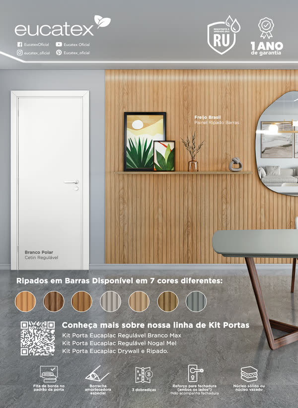 Anúncio vertical da linha Kit Portas, com porta branca ao lado de painel ripado em freijó e a cartela de sete cores.