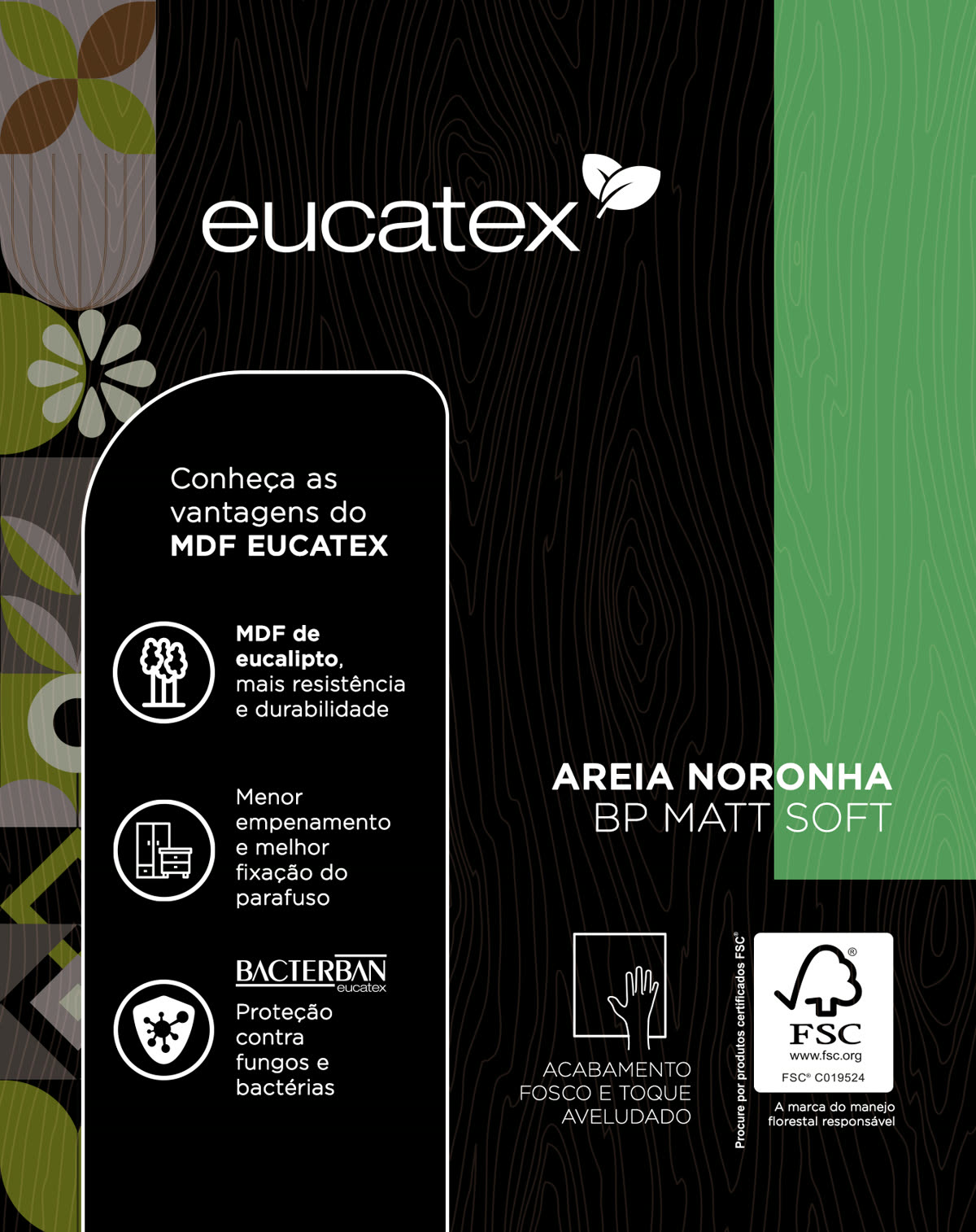 Etiqueta do MDF Areia Noronha BP Matt Soft, com as vantagens do produto, o selo Bacterban e a certificação FSC.