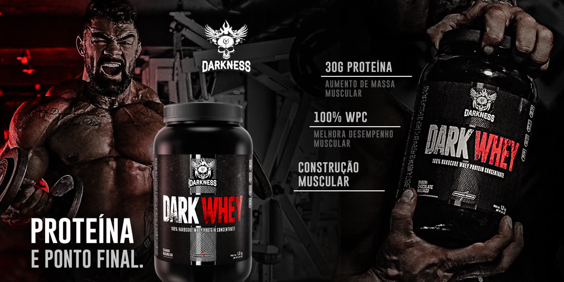 KV do Dark Whey da Darkness, com as embalagens e a chamada 