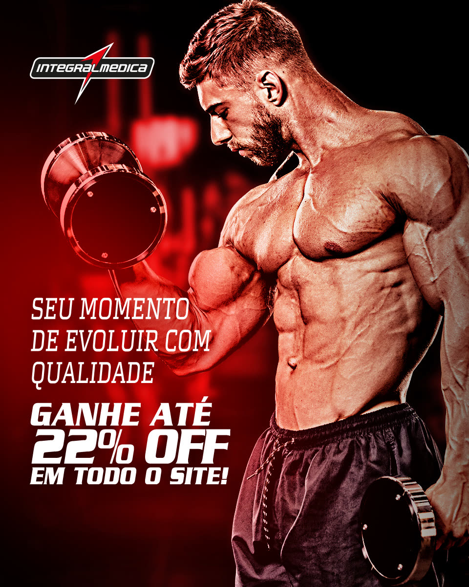 Peça de desconto de até 22% em todo o site, com atleta em treino de bíceps.