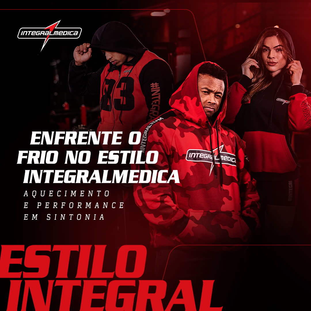 Campanha de vestuário "Estilo Integral", com três pessoas em moletom vermelho camuflado.