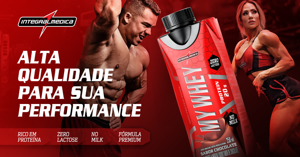 Anúncio do My Whey em formato paisagem, com dois atletas e a embalagem sabor chocolate.
