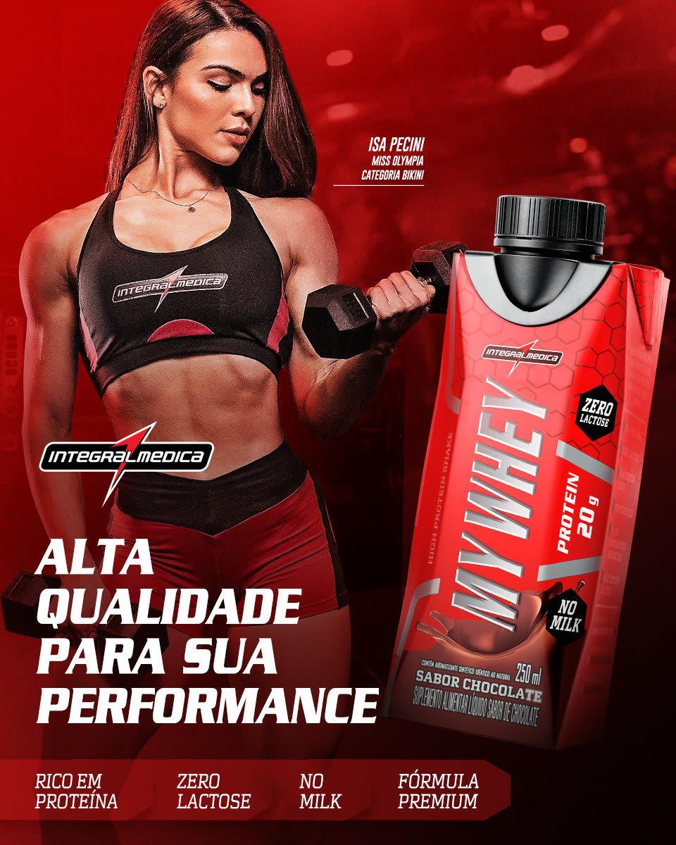 Versão retrato do anúncio do My Whey, com a atleta Isa Pecini e a embalagem em destaque.