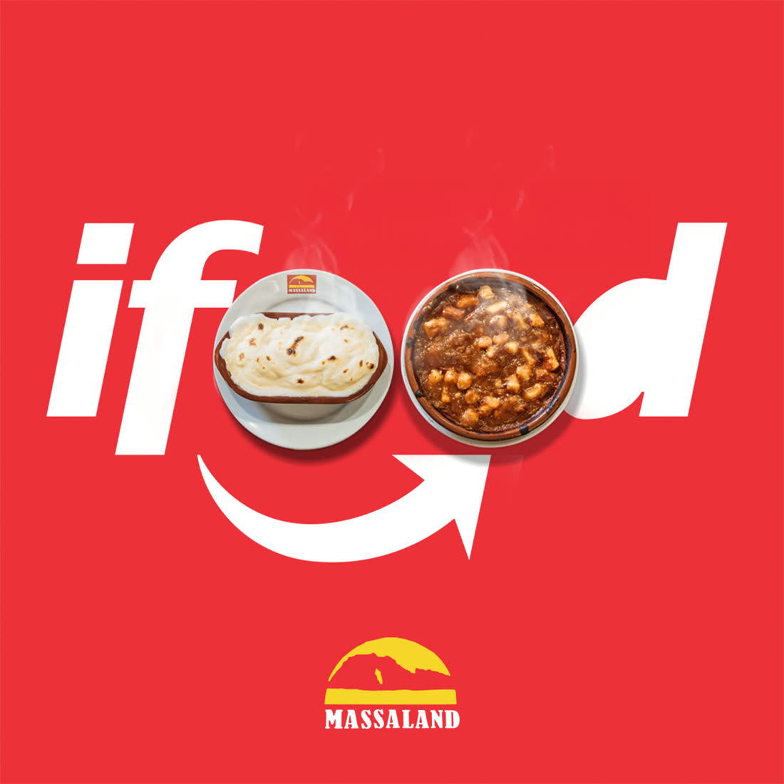 Peça de delivery da Massaland: os dois O de ifood substituídos por pratos fumegantes, sobre fundo vermelho.