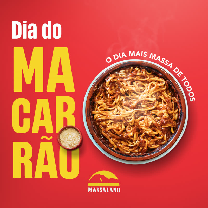 Post do Dia do Macarrão da Massaland, com panela de espaguete ao sugo.
