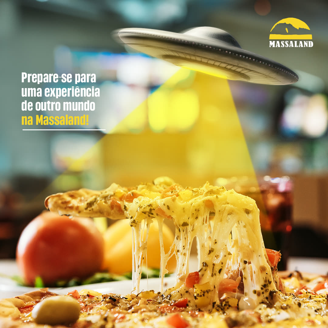 Post com pizza em primeiro plano e um disco voador lançando luz sobre a mesa.