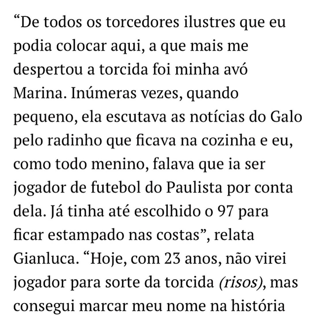 Depoimento publicado sobre a avó Marina e a ligação da família com o clube.