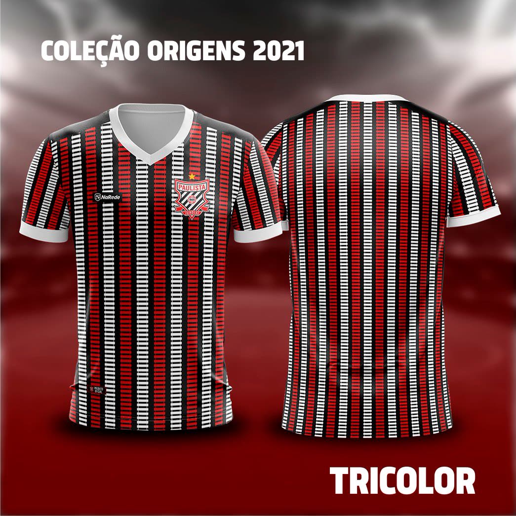 Camisa tricolor da Coleção Origens 2021 do Paulista FC.