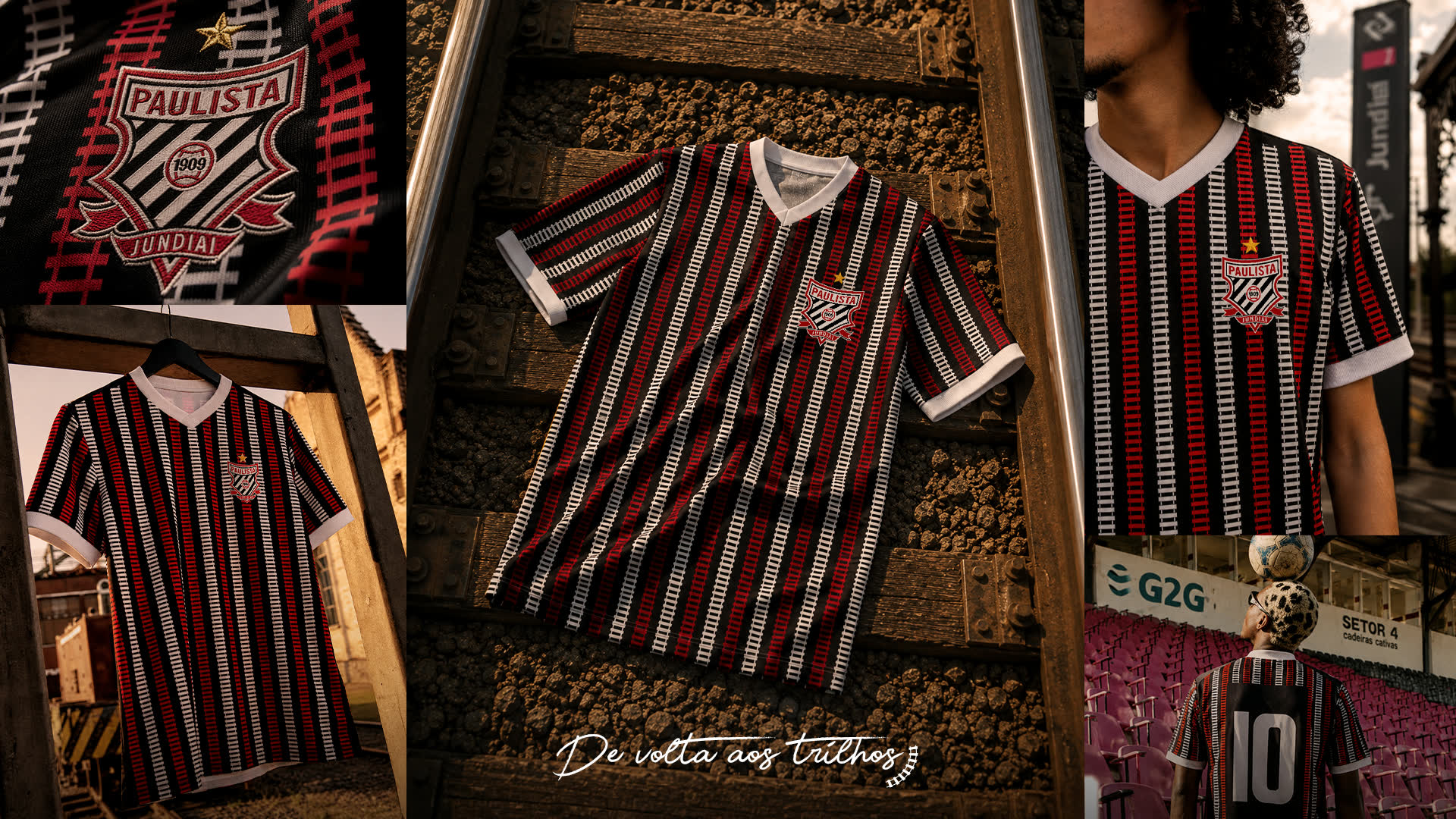 Prancha da campanha "De volta aos trilhos": a camisa listrada em vermelho, preto e branco fotografada sobre dormentes de ferrovia, com detalhe do escudo bordado, a peça pendurada, um torcedor vestindo o uniforme e a numeração 10 nas arquibancadas.