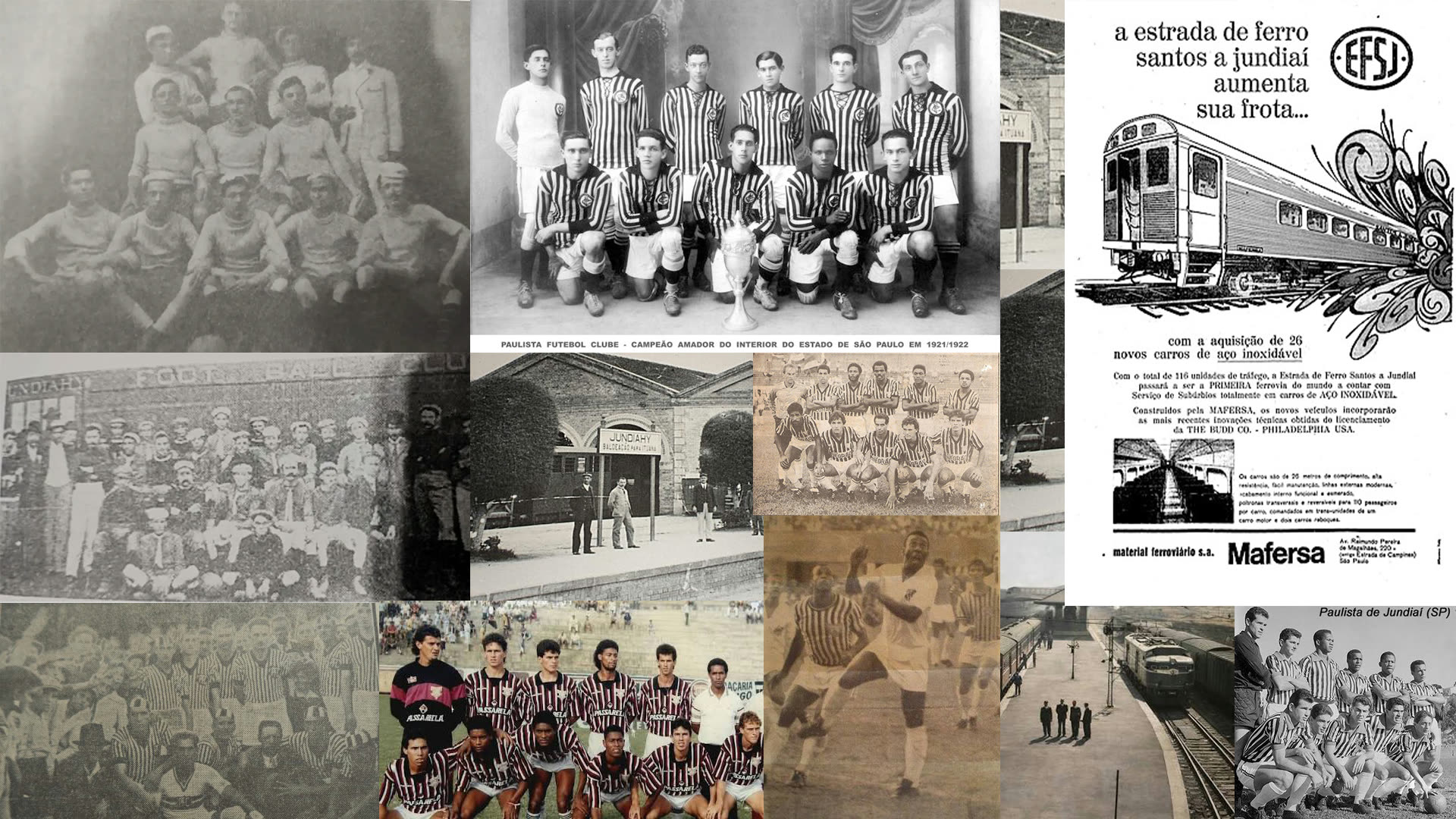 Prancha de pesquisa histórica: mosaico de fotografias em preto e branco do clube e da cidade, entre elas o time identificado na peça como campeão amador do interior de São Paulo em 1921/1922, a estação Jundiahy, um anúncio da Estrada de Ferro Santos a Jundiaí e um time dos anos 1990.
