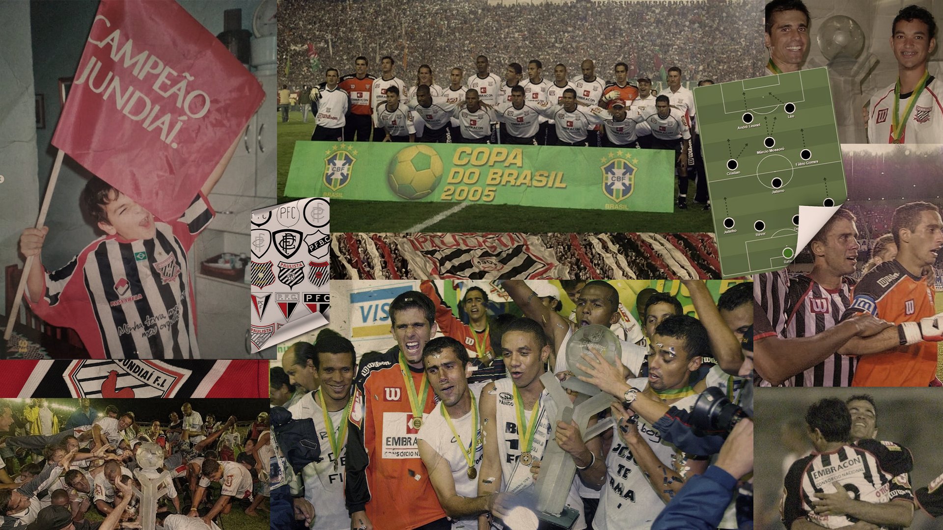 Prancha de recordações: Gianluca criança, de camisa do Paulista, agitando uma bandeira "Campeão Jundiaí"; o time perfilado diante do painel da Copa do Brasil de 2005; a escalação desenhada; jogadores com a medalha no pescoço; a torcida com as bandeiras nas arquibancadas; um cachecol do clube; uma cartela com escudos antigos; e a comemoração com a taça no gramado.