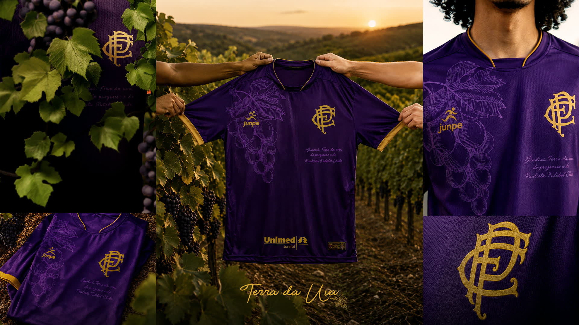 Prancha da campanha "Terra da Uva": o uniforme roxo com monograma dourado e grafismo de parreira, fotografado no meio de um vinhedo ao pôr do sol, com detalhes do bordado, das folhas de videira e dos patrocinadores.