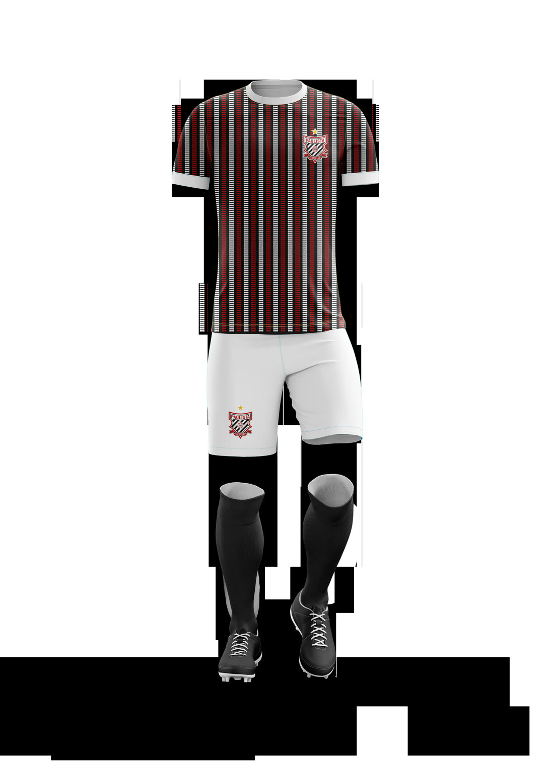 Conjunto completo do uniforme 1 do Paulista FC, com camisa tricolor listrada, calção e meiões.